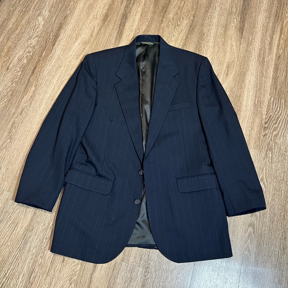Brassard Men Navy Blue Pinstripe 100% Worsted Wool 2 Button Blazer Sportcoat USA